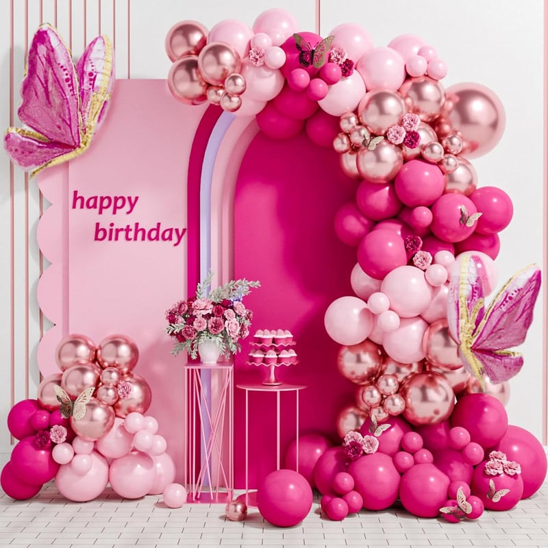 Pink Butterfly Balloon Arch Kit - 112pcs Pastel & Foil Decorations