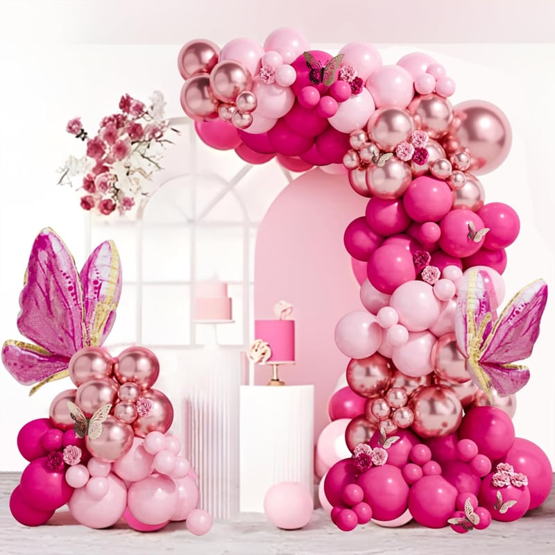 Pink Butterfly Balloon Arch Kit - 112pcs Pastel & Foil Decorations