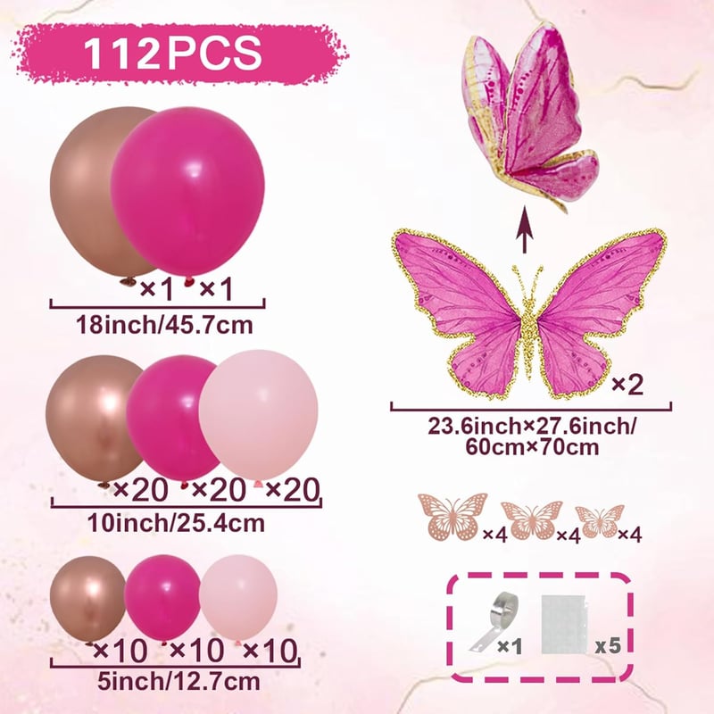 Pink Butterfly Balloon Arch Kit - 112pcs Pastel & Foil Decorations