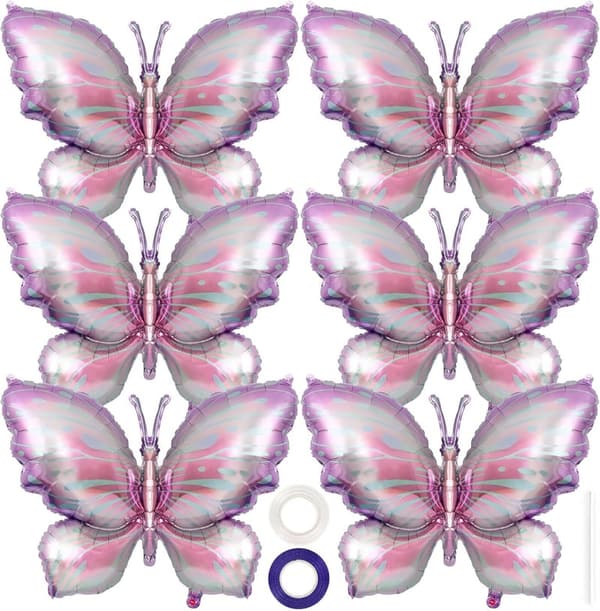 Purple Butterfly Foil Balloons - 6-Piece Baby Shower Decor