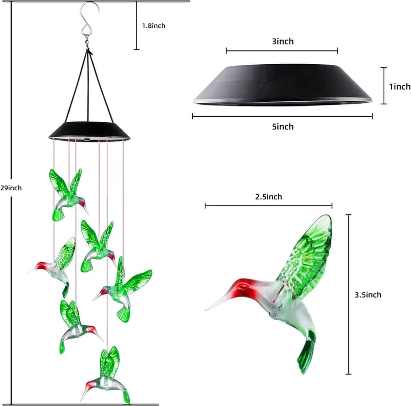 Mothers Day LED Solar Hummingbird Wind Chimes for Outdoor Decor