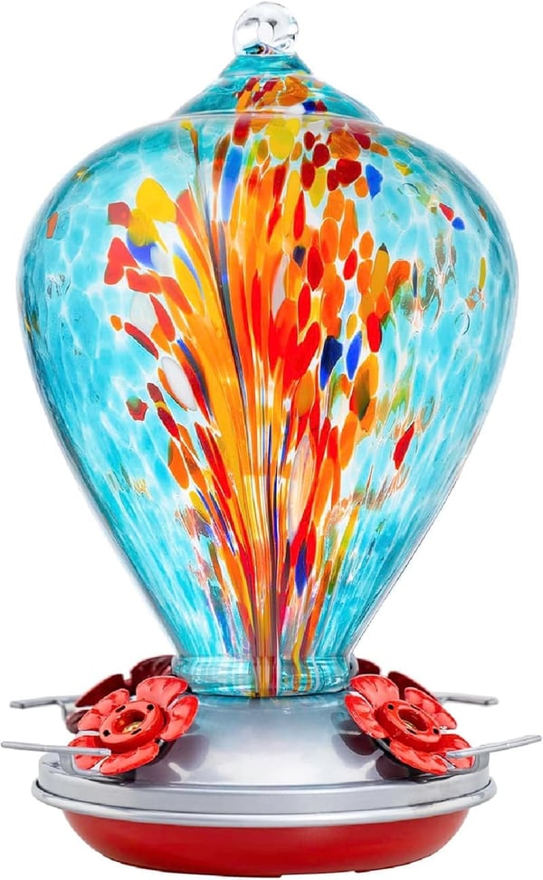 Hummingbird Feeder Gift for Garden Decor, 34oz Blown Glass