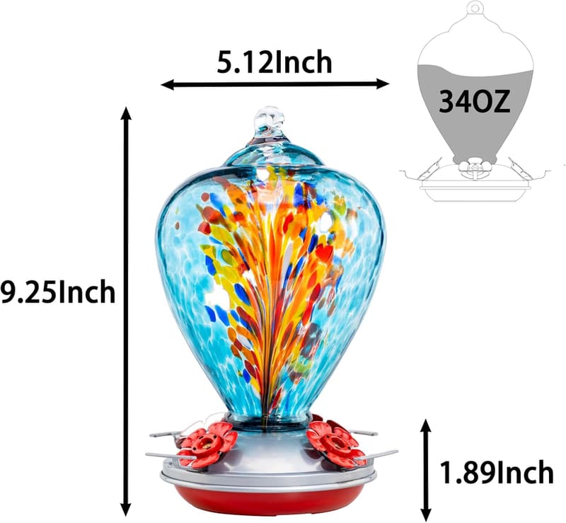 Hummingbird Feeder Gift for Garden Decor, 34oz Blown Glass