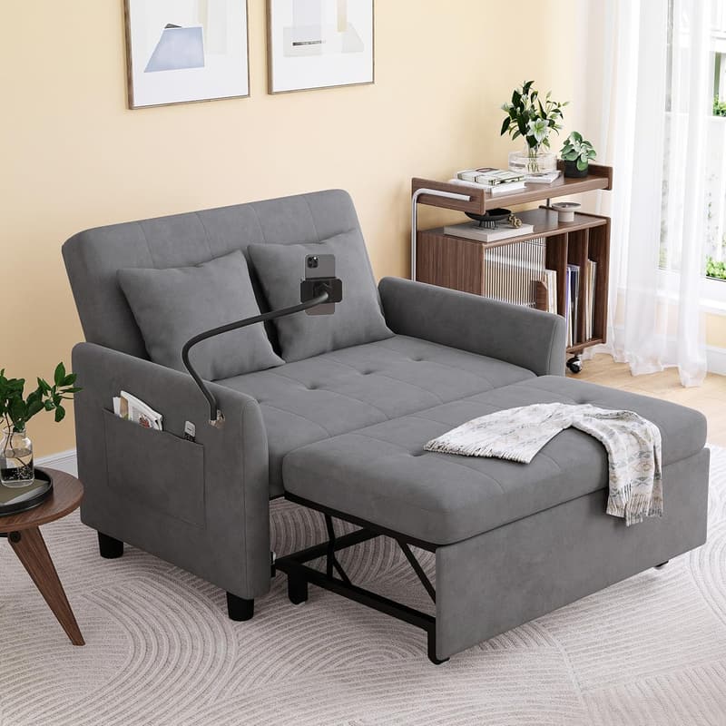 Convertible Velvet Sofa Bed with Pillow & Phone Holder, Grey