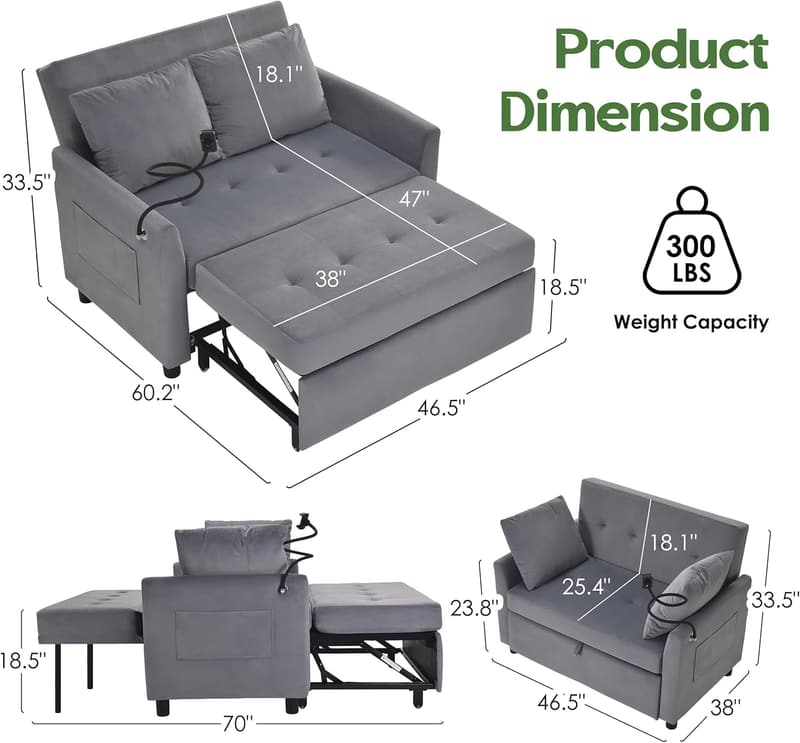 Convertible Velvet Sofa Bed with Pillow & Phone Holder, Grey
