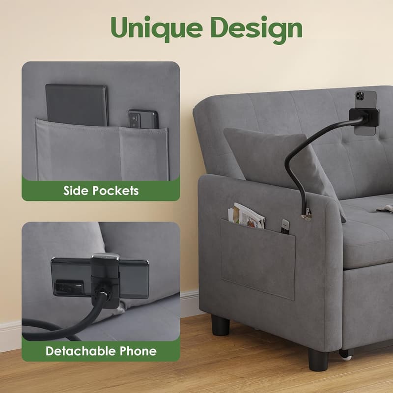 Convertible Velvet Sofa Bed with Pillow & Phone Holder, Grey