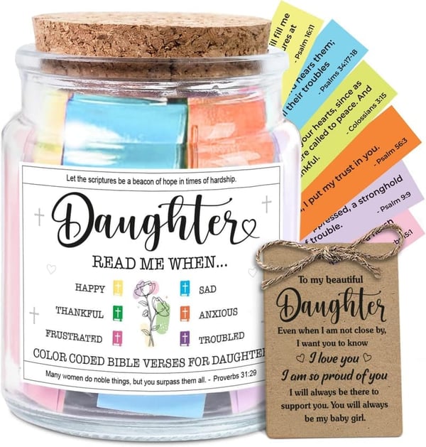 Daughter Birthday Gift - Decorative Glass Scripture Jar with 92 Bible Verses