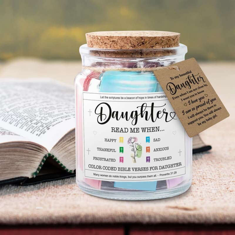 Daughter Birthday Gift - Decorative Glass Scripture Jar with 92 Bible Verses