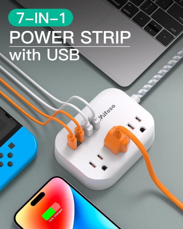 Travel Power Strip with USB Ports – 5Ft Flat Extension Cord