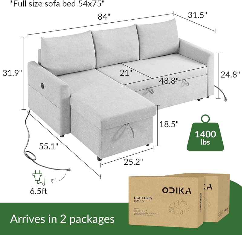 Convertible L-Shaped Sleeper Sofa Bed with USB-C Charging - Light Grey