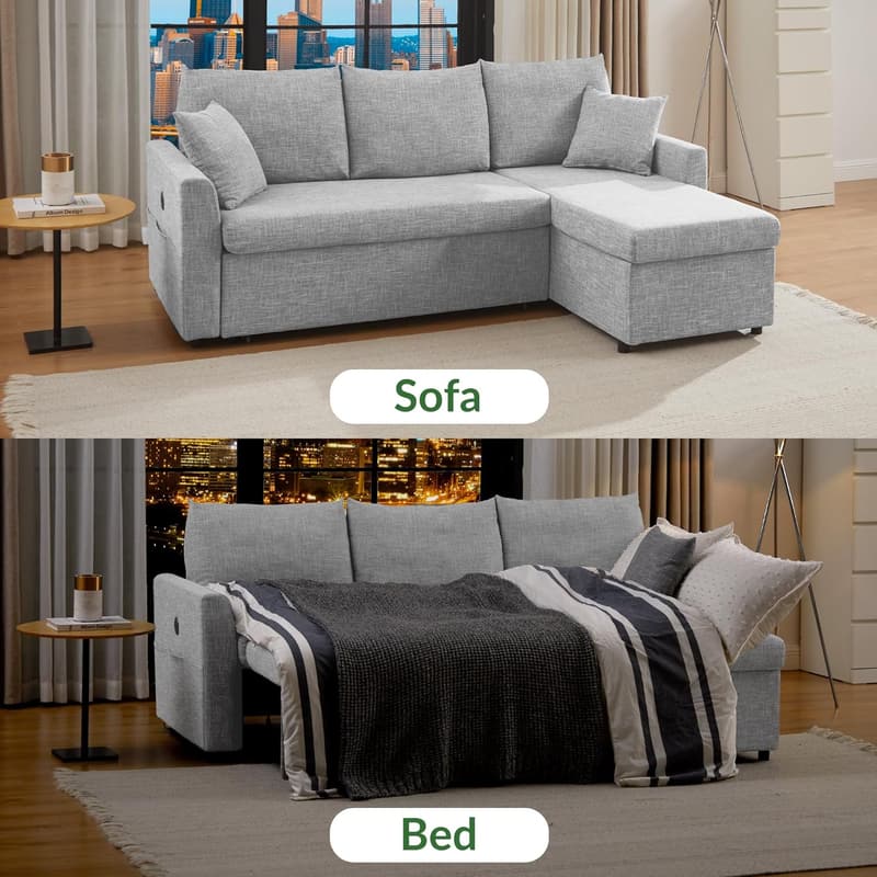 Convertible L-Shaped Sleeper Sofa Bed with USB-C Charging - Light Grey