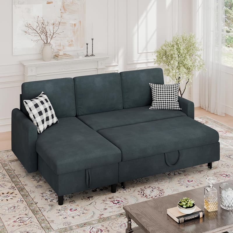 L-Shaped Sleeper Sofa with Storage - Reversible Sectional (Dark Gray)