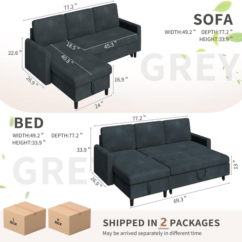 L-Shaped Sleeper Sofa with Storage - Reversible Sectional (Dark Gray)