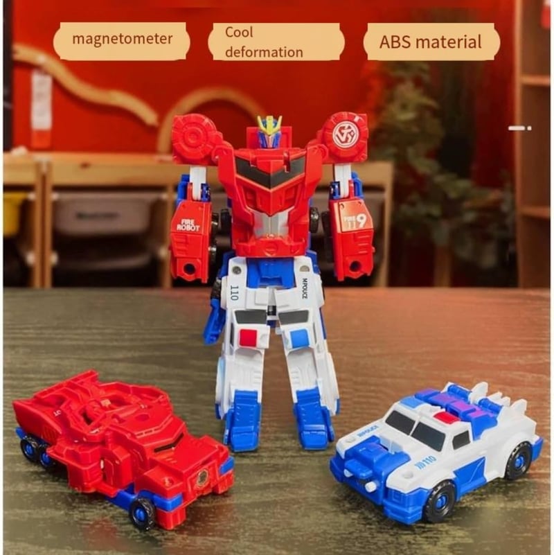 Magnetic Transforming Robot Police Car and Fire Truck Toy