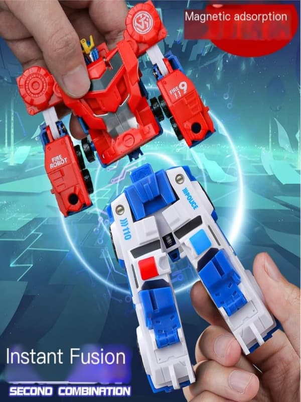 Magnetic Transforming Robot Police Car and Fire Truck Toy