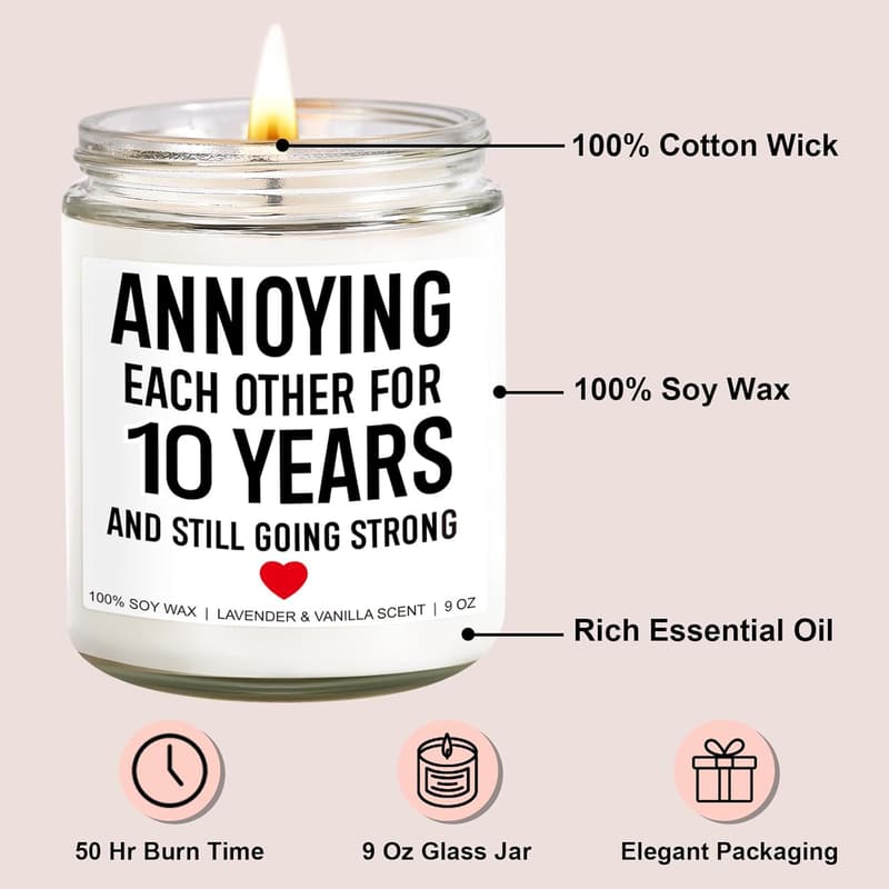 10th Anniversary Funny Scented Candle - 9 oz Gifts for Couples
