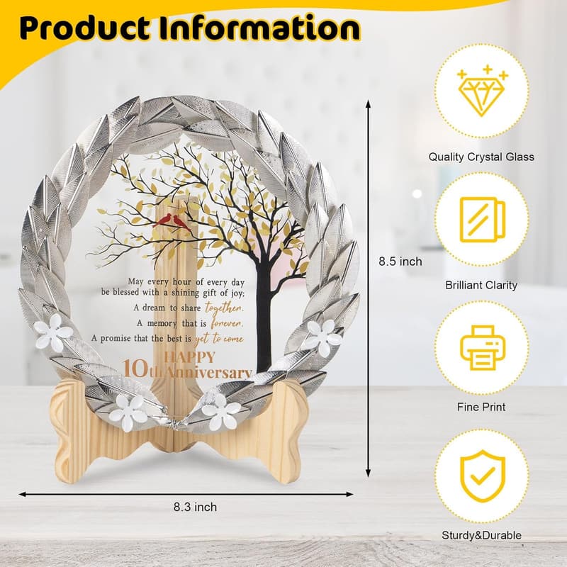 10th Anniversary Crystal Plate with Gold Leaf Wreath