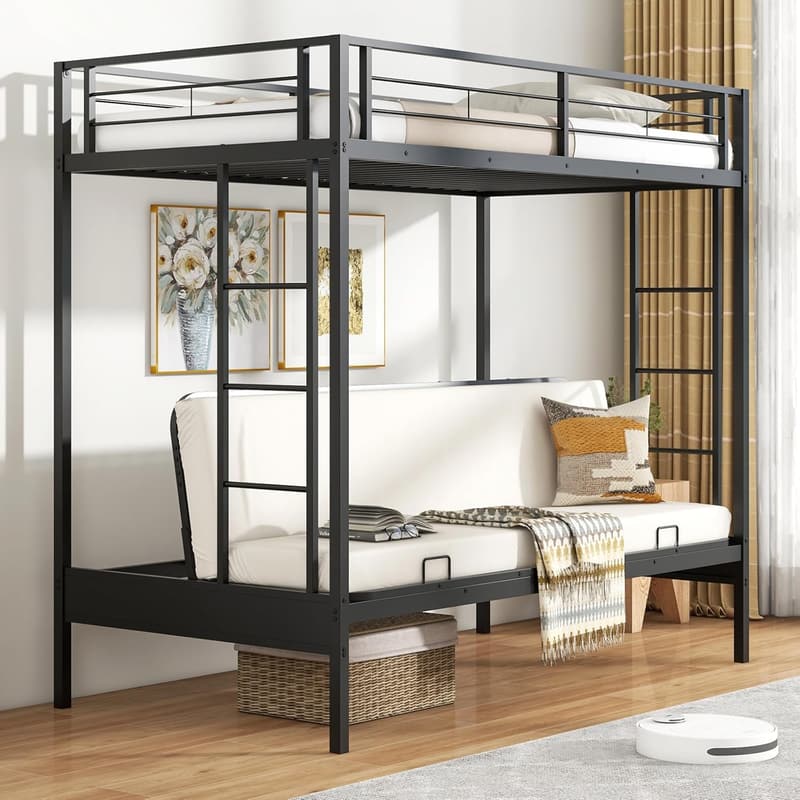 Convertible Metal Twin Over Futon Bunk Bed with Safety Guardrails