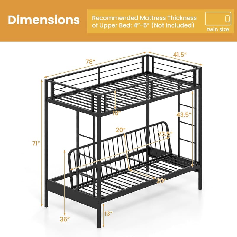 Convertible Metal Twin Over Futon Bunk Bed with Safety Guardrails