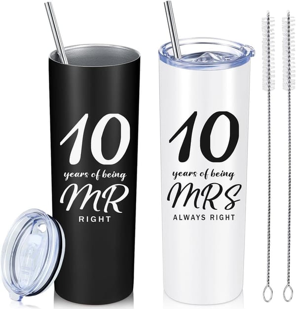 10th Anniversary Travel Tumbler Set for Couples - Mr. Right & Mrs. Always Right