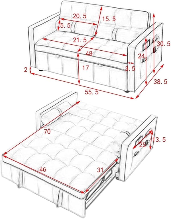 Convertible Velvet Sleeper Sofa Bed with Adjustable Backrest, Grey