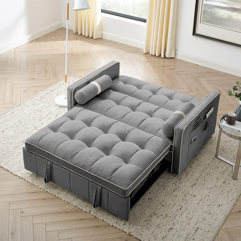 Convertible Velvet Sleeper Sofa Bed with Adjustable Backrest, Grey