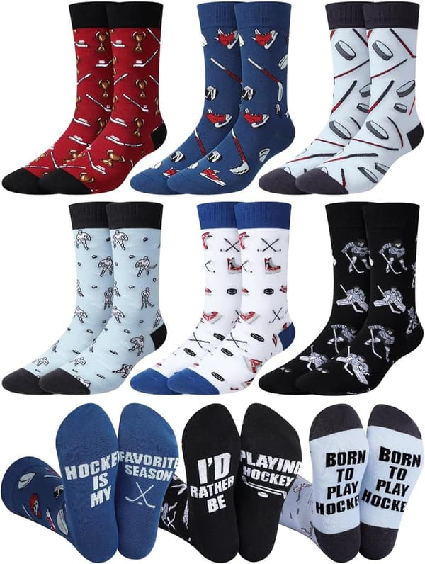 Funny Men's Hockey Socks - 6 Pairs Cotton Athletic Crew for Dad