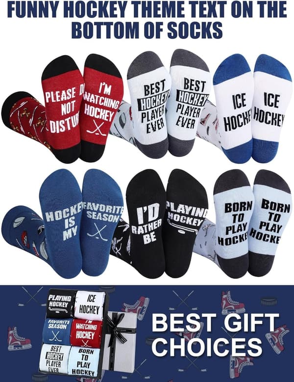 Funny Men's Hockey Socks - 6 Pairs Cotton Athletic Crew for Dad