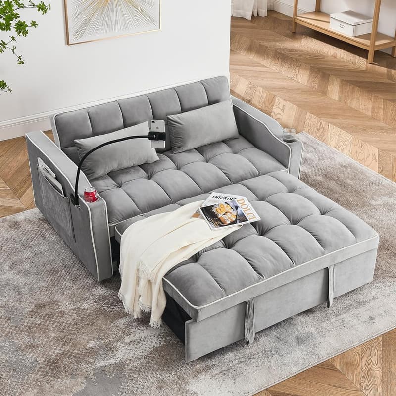 Convertible Gray Velvet Sofa Bed with Adjustable Backrest & USB Port