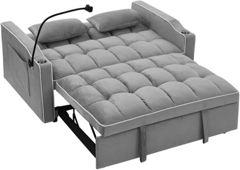 Convertible Gray Velvet Sofa Bed with Adjustable Backrest & USB Port