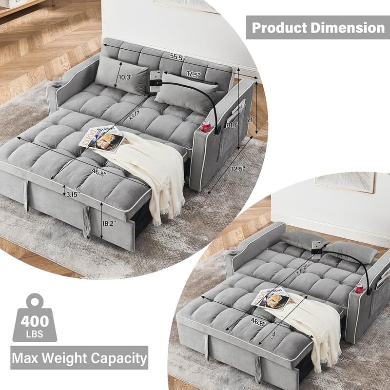 Convertible Gray Velvet Sofa Bed with Adjustable Backrest & USB Port