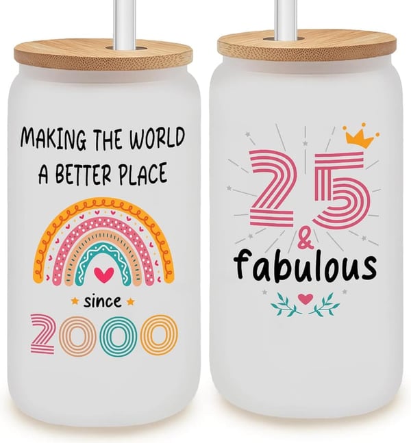 25th Birthday Frosted Glass Cup with Lid and Straw