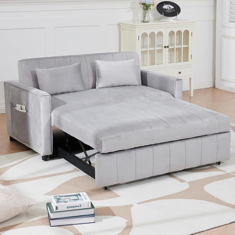 Modern Velvet 3-in-1 Convertible Sofa Bed with Storage - Grey