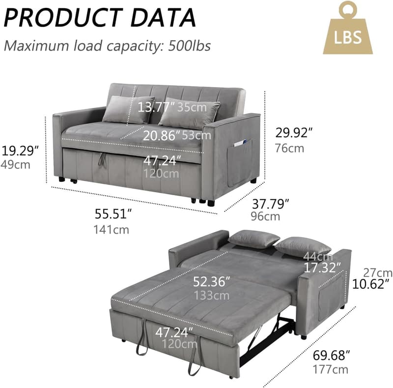 Modern Velvet 3-in-1 Convertible Sofa Bed with Storage - Grey