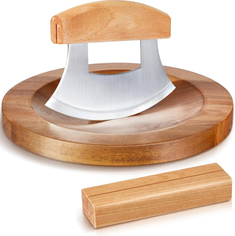Mezzaluna Ulu Knife & Cutting Board Set for Vegetable Mincing