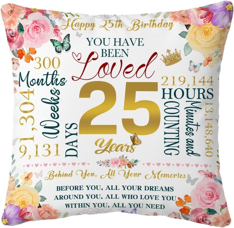 25th Birthday Throw Pillow Cover for Women, 18x18 Inch