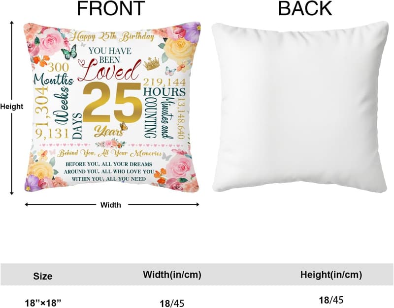 25th Birthday Throw Pillow Cover for Women, 18x18 Inch
