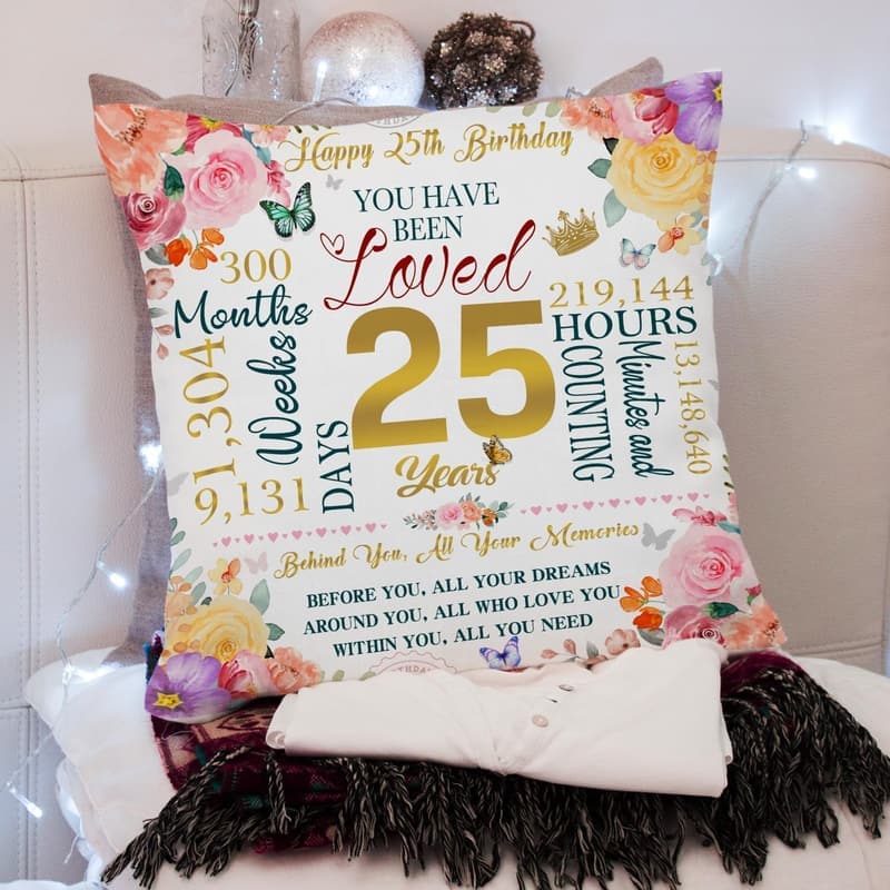 25th Birthday Throw Pillow Cover for Women, 18x18 Inch