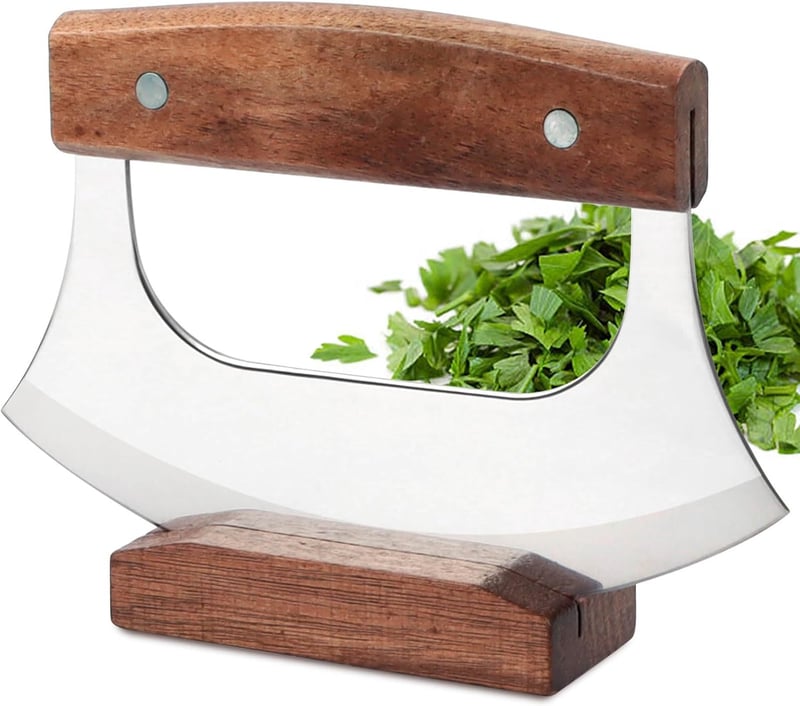 Alaskan Ulu Knife with Wooden Stand for Pizza and Vegetables