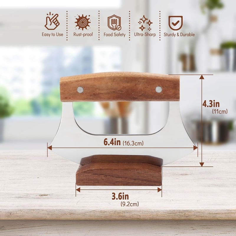 Alaskan Ulu Knife with Wooden Stand for Pizza and Vegetables