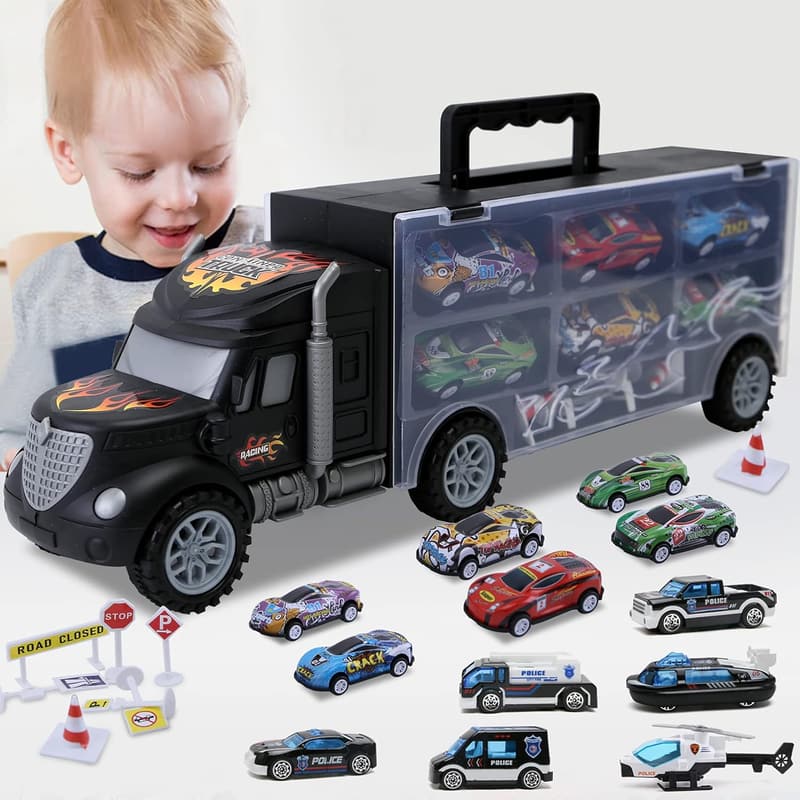 Transport Cars Carrier Set for Toddlers, 12 Die-Cast Vehicles