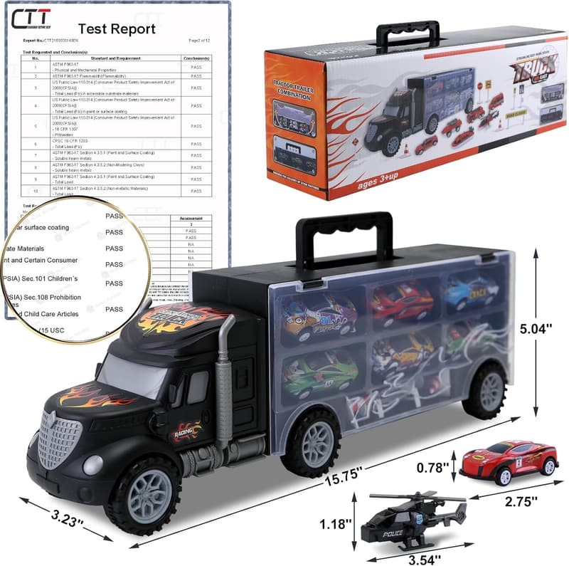 Transport Cars Carrier Set for Toddlers, 12 Die-Cast Vehicles