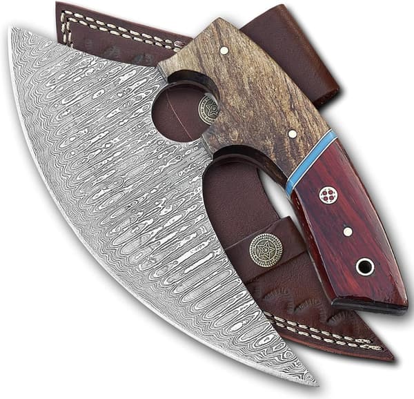 Handmade 7-Inch Damascus Ulu Knife with Leather Sheath