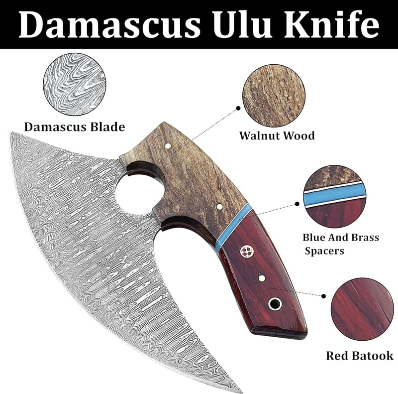 Handmade 7-Inch Damascus Ulu Knife with Leather Sheath