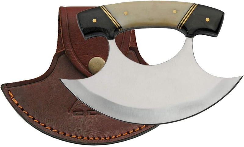 Crescent Blade Ulu Knife with Black/White Horn Handle and Sheath