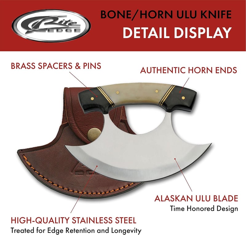 Crescent Blade Ulu Knife with Black/White Horn Handle and Sheath