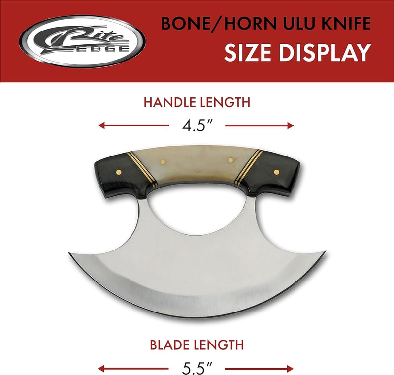 Crescent Blade Ulu Knife with Black/White Horn Handle and Sheath