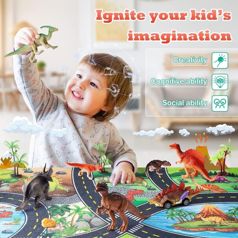 Dinosaur Toys Set with Play Mat for Kids Ages 2-7