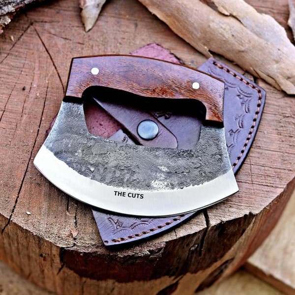 Classic Walnutwood Mezzaluna Knife with Stainless Steel Blades