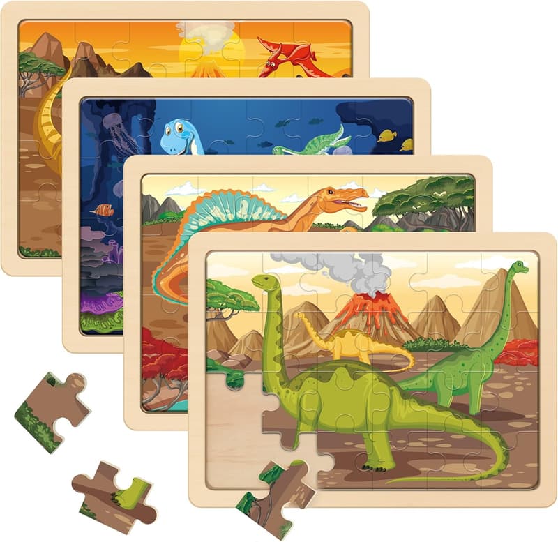 Dinosaur Wooden Jigsaw Puzzles for Kids, 4 in 1 Gift Set